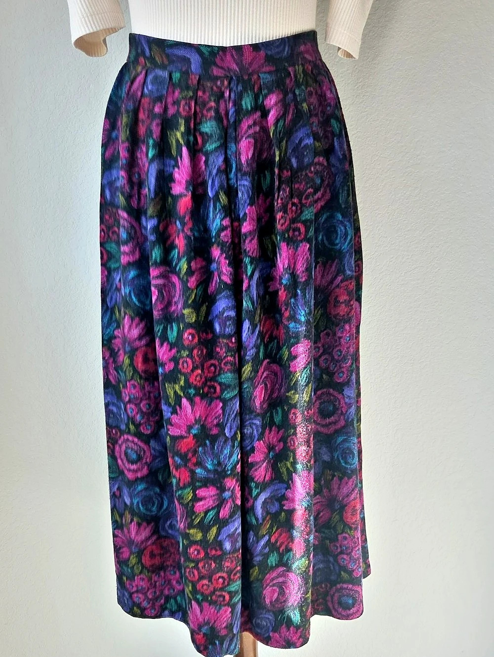 Vintage Floral Midi Skirt Brush Paint Purple & Pink Roses Peony Daisy Weave Smal